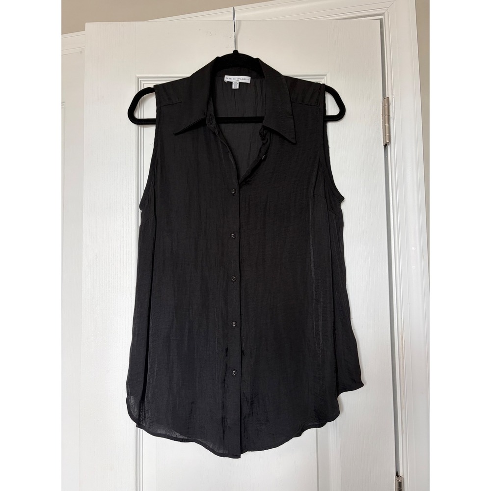 Maison d'Amélie Paris Black Sleeveless Button Down Shirt Textured Blouse Medium